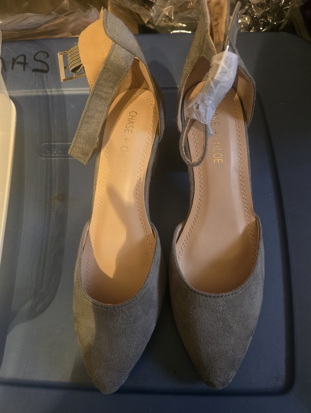 Chase + Chloe Olive Taupe Suede Pointed-Toe D'Orsay Flats with Ankle Strap